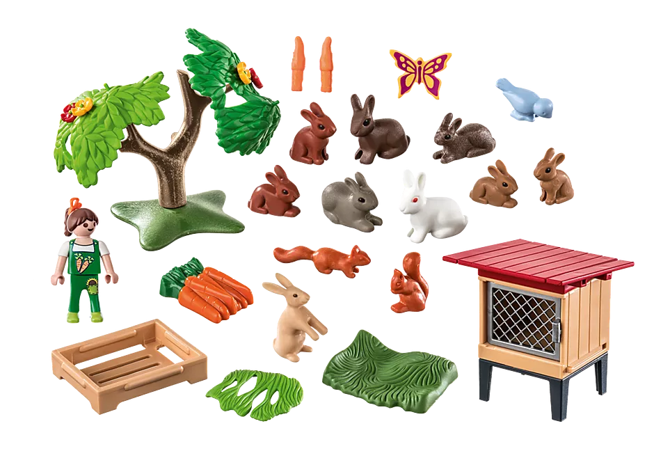 Figures: 1 girl; Animals: 9 rabbits, 2 squirrels, 1 butterfly, 1 dove; Accessories: 2 rabbit hutches, 1 green fodder, 2 green inserts, 1 carrot, 2 single. Carrots